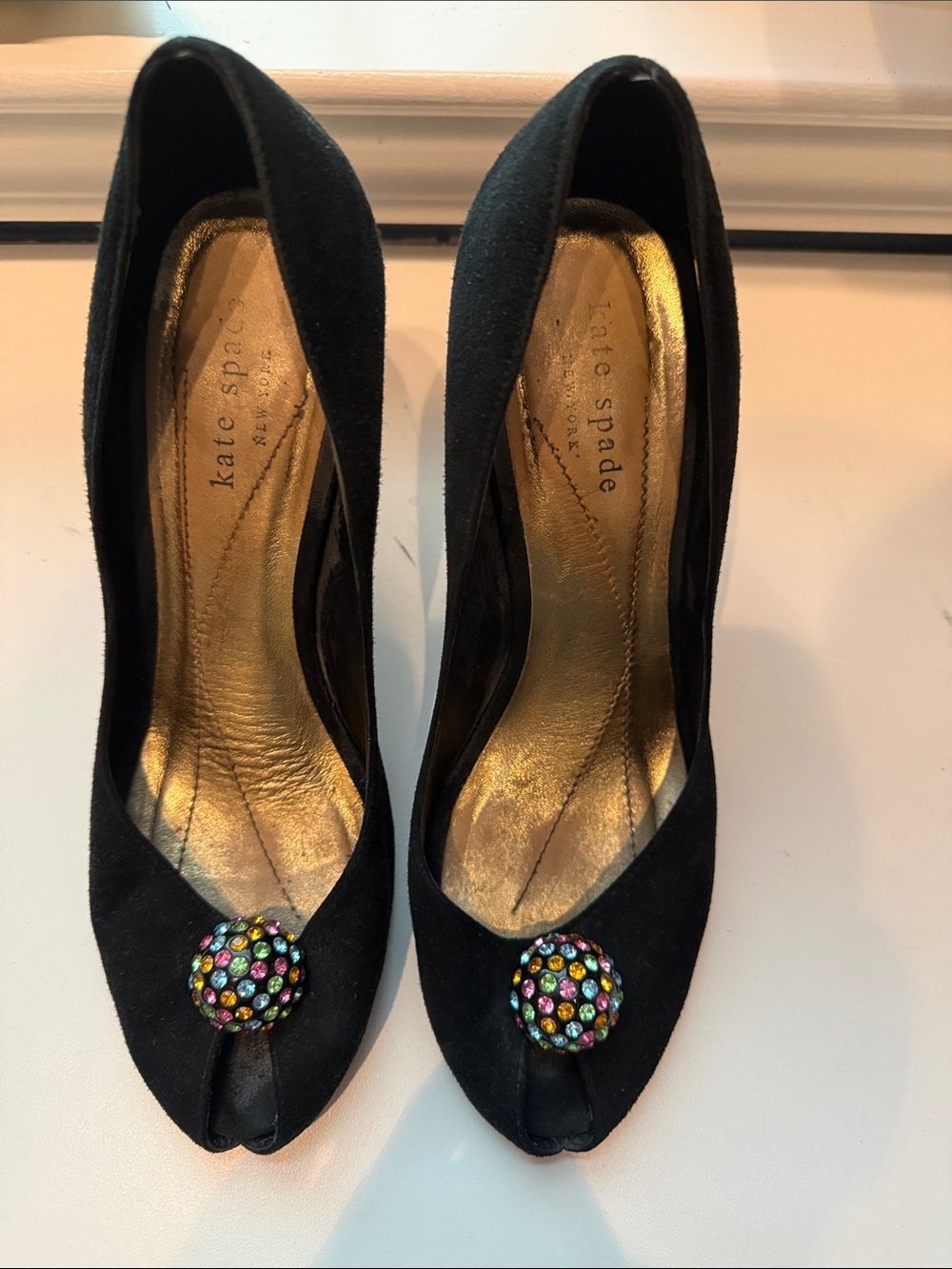 kate spade Black Suede Peep-Toe Heels with Multicolor Crystal Button